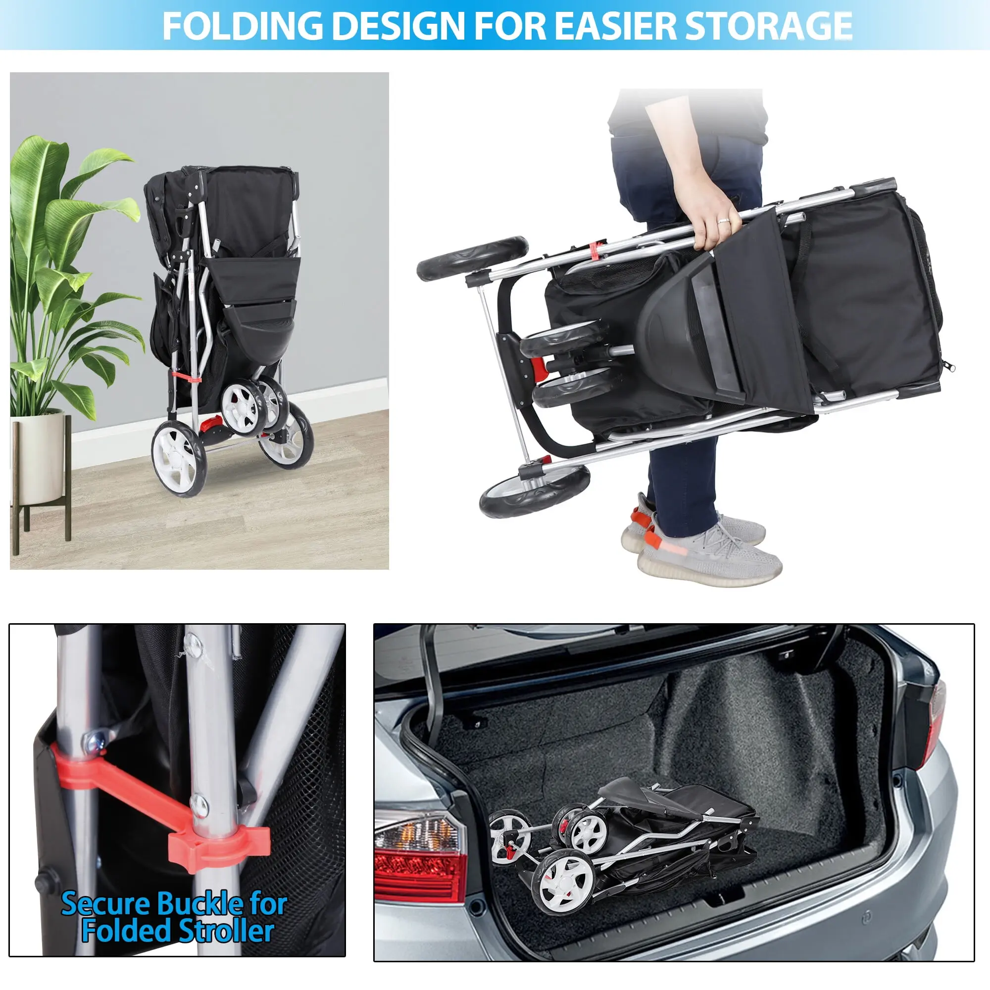 Segawe Foldable 3-Wheel Pet Stroller - Durable Metal-Frame Outdoor Travel Carrier for Dogs & Cats, Zippered Fabric Design with Storage Basket, 21.3 in x 13 in x 20.9 in Stable Structure, 33 Lbs