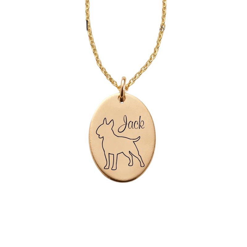 Custom Oval Pendant Necklace With Dog Line Art And Name-Paw Print Pad