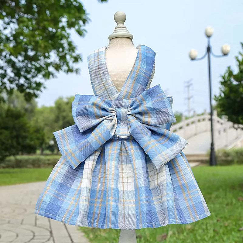 Plaid Dog Dress Bow Tie Harness Leash Set For Small Dogs Pet Outfits-Paw Print Pad