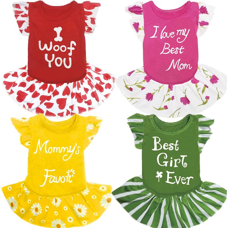 4 Pieces Dog Dress Dog Clothes For Small Dogs Girl Dog Clothes Flower Dog Dresses For Small Dogs-Paw Print Pad