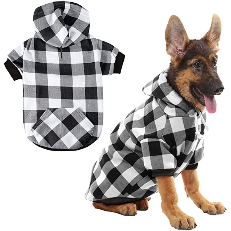 Plaid Dog Hoodie Pet Clothes Sweaters With Hat-Paw Print Pad