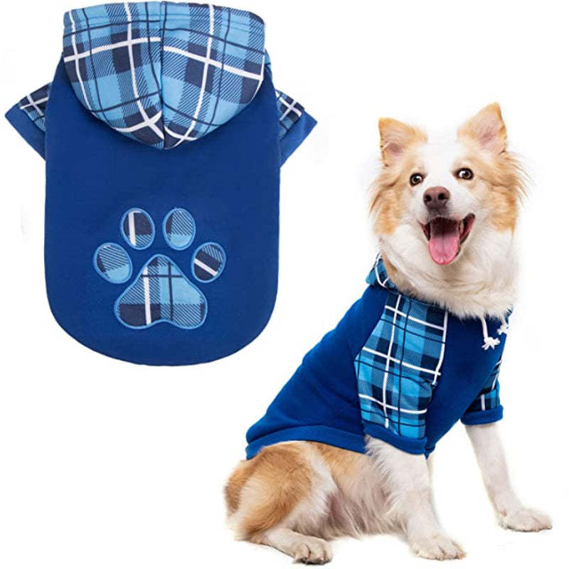 Plaid Dog Hoodie Pet Clothes Sweaters With Hat-Paw Print Pad