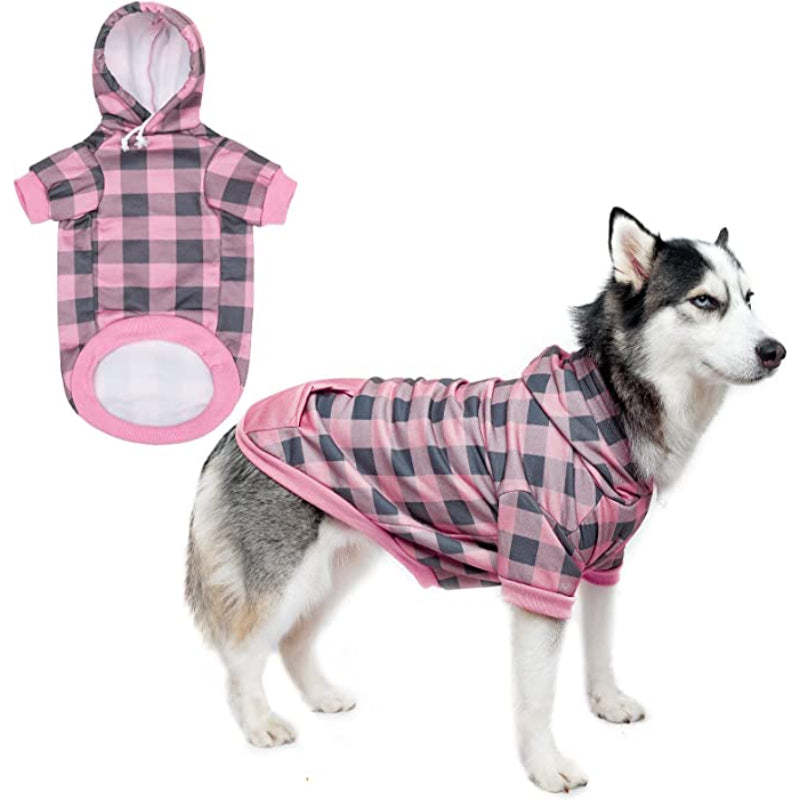 Plaid Dog Hoodie Pet Clothes Sweaters With Hat-Paw Print Pad