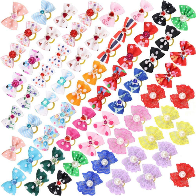 Dog Puppy Hair Bows with Rubber Bands & Rhinestone Pearls & Handmade Lace Fabric, Pet Small Dog Hair Bowknot Grooming Accessories-Paw Print Pad