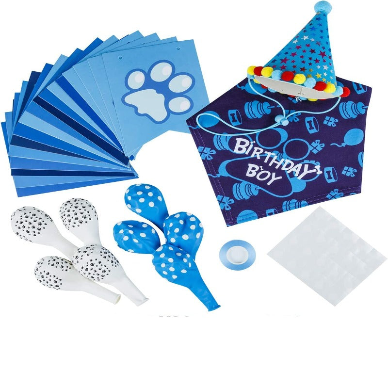 Dog Birthday Bandana, Dog Birthday Boy Hat Scarfs Flag Balloon With Cute-Doggie Birthday Party Supplies Decorations (11-Piece Set)-Paw Print Pad