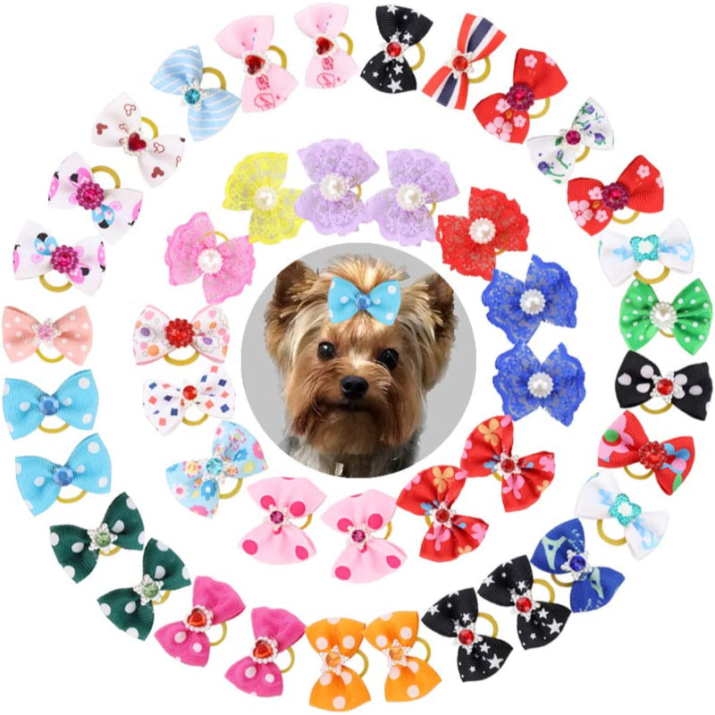 Dog Puppy Hair Bows with Rubber Bands & Rhinestone Pearls & Handmade Lace Fabric, Pet Small Dog Hair Bowknot Grooming Accessories-Paw Print Pad
