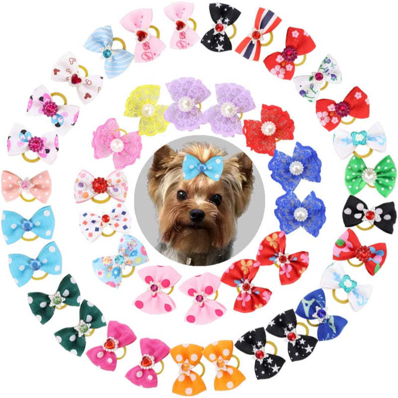 Dog Puppy Hair Bows with Rubber Bands & Rhinestone Pearls & Handmade Lace Fabric, Pet Small Dog Hair Bowknot Grooming Accessories-Paw Print Pad