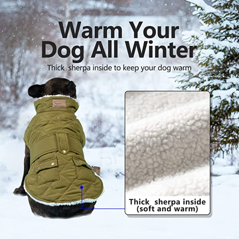 Dog Cold Weather Coats Cozy Windproof Padded Sherpa Warm Dog Green Jacket For Small Dogs With Furry Collar Dog Apparel-Paw Print Pad