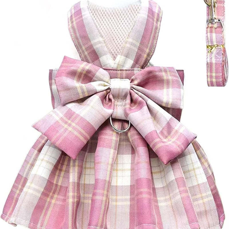 Plaid Dog Dress Bow Tie Harness Leash Set For Small Dogs Pet Outfits-Paw Print Pad