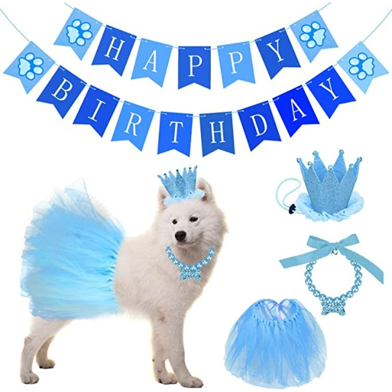 Dog Birthday Party Supplies with Birthday Banner Pull Flag, Crown Cap-Paw Print Pad