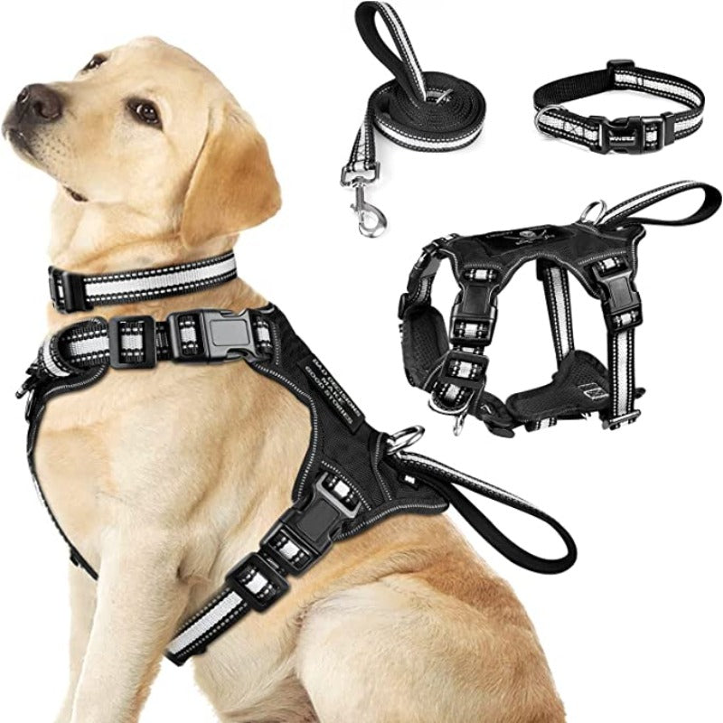 Pet Harness Collar And Leash Set, All-In-One Reflective Dog Harness No Pull With Adjustable Buckles For Puppies-Paw Print Pad