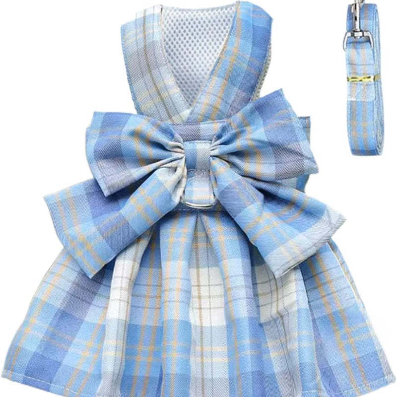 Plaid Dog Dress Bow Tie Harness Leash Set For Small Dogs Pet Outfits-Paw Print Pad