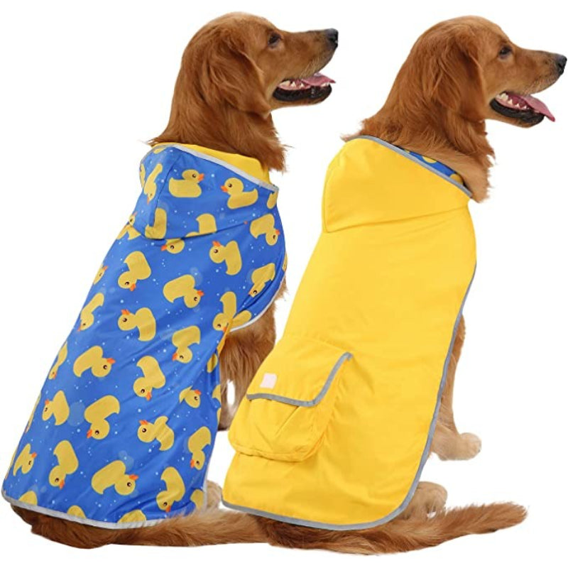 Reversible Dog Raincoat Hooded Slicker Poncho Rain Coat Jacket For Small Medium Large Dogs Ducks Yellow-Paw Print Pad