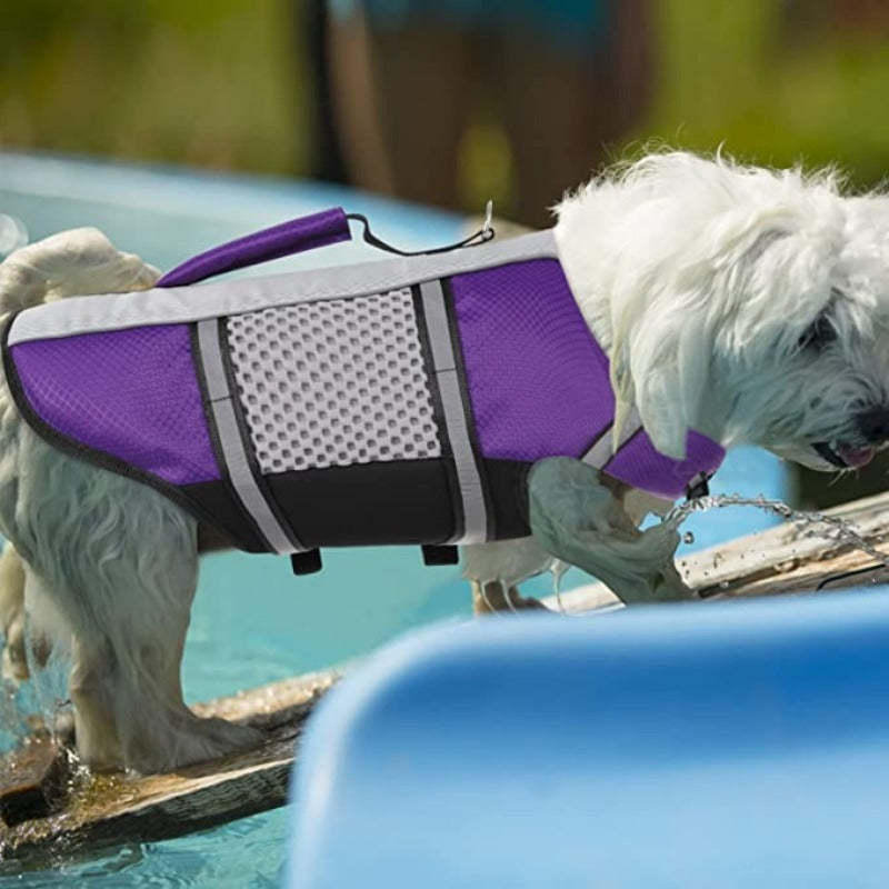 Dog Life Jacket Swimming Vest Lightweight High Reflective Pet Lifesaver With Lift Handle, Leash Ring Blue, XS-Paw Print Pad