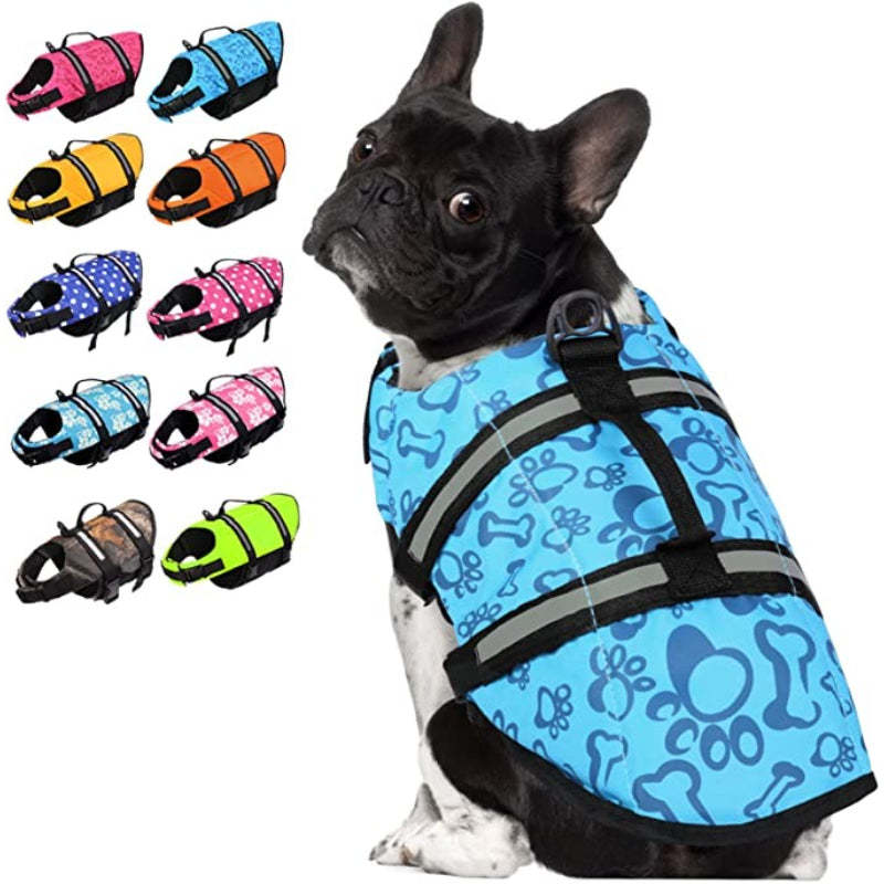 Dog Life Jacket, Safety Pet Flotation Life Vest With Reflective Stripes-Paw Print Pad