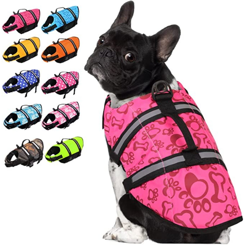 Dog Life Jacket, Safety Pet Flotation Life Vest With Reflective Stripes-Paw Print Pad