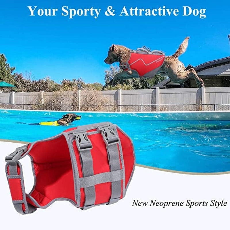 Large Dog Life Jacket, Snug Neoprene Life Jacket For Dogs With Superior Buoyancy & Rescue Handle, Red L-Paw Print Pad