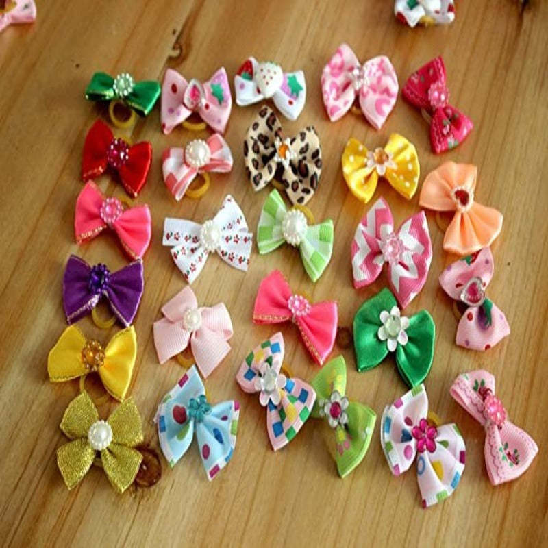 50pcs in Pairs Dog Hair Bows With Rubber Bands Rhinestone Pearls Bows Bowknot Bows Dog Topknot Bows Dog Hair-Paw Print Pad