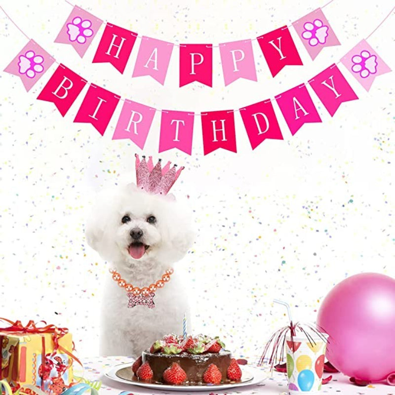 Dog Birthday Party Supplies with Birthday Banner Pull Flag, Crown Cap-Paw Print Pad