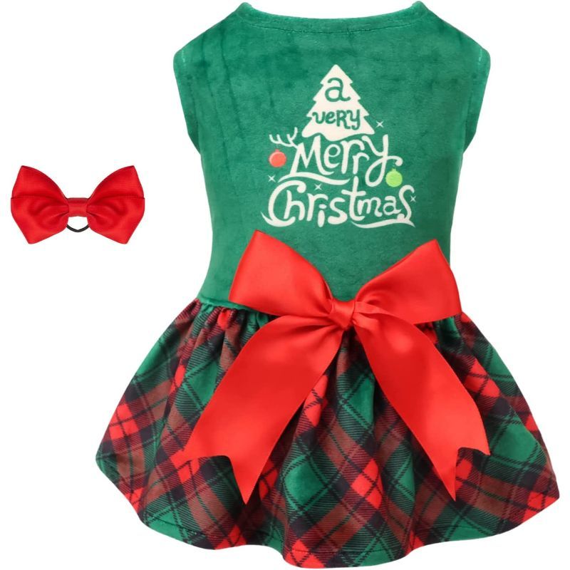 Green Dress Velvet For Small Dogs Girl Puppy Dresses Clover Dog Clothes-Paw Print Pad