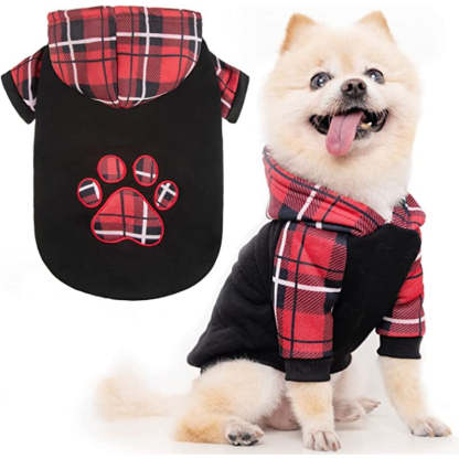Plaid Dog Hoodie Pet Clothes Sweaters With Hat-Paw Print Pad