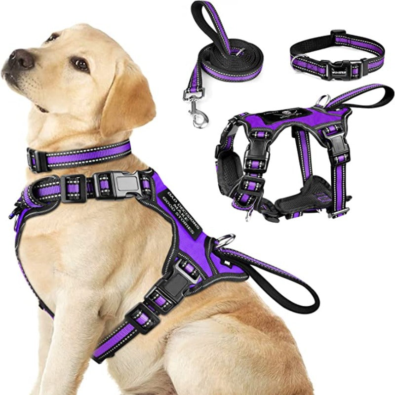 Pet Harness Collar And Leash Set, All-In-One Reflective Dog Harness No Pull With Adjustable Buckles For Puppies-Paw Print Pad