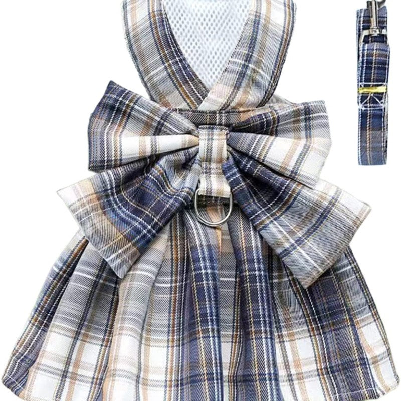 Plaid Dog Dress Bow Tie Harness Leash Set For Small Dogs Pet Outfits-Paw Print Pad