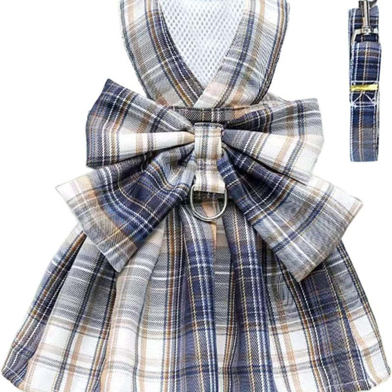 Plaid Dog Dress Bow Tie Harness Leash Set For Small Dogs Pet Outfits-Paw Print Pad