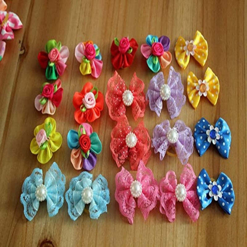50pcs in Pairs Dog Hair Bows With Rubber Bands Rhinestone Pearls Bows Bowknot Bows Dog Topknot Bows Dog Hair-Paw Print Pad