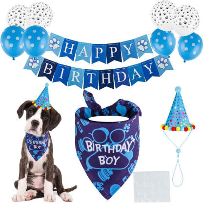 Dog Birthday Bandana, Dog Birthday Boy Hat Scarfs Flag Balloon With Cute-Doggie Birthday Party Supplies Decorations (11-Piece Set)-Paw Print Pad