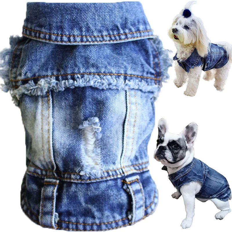 Dog Jean Jacket With Blue Denim Lapel Vest Coat-Paw Print Pad