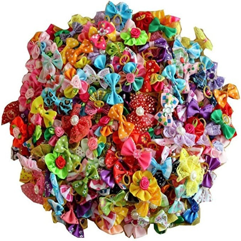 50pcs in Pairs Dog Hair Bows With Rubber Bands Rhinestone Pearls Bows Bowknot Bows Dog Topknot Bows Dog Hair-Paw Print Pad