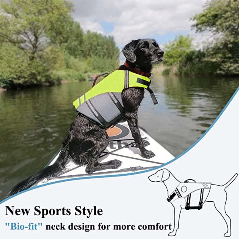 New Sports Style Ripstop Dog Life Jacket With Superior Buoyancy & Rescue Handle, Bright Yellow, M-Paw Print Pad
