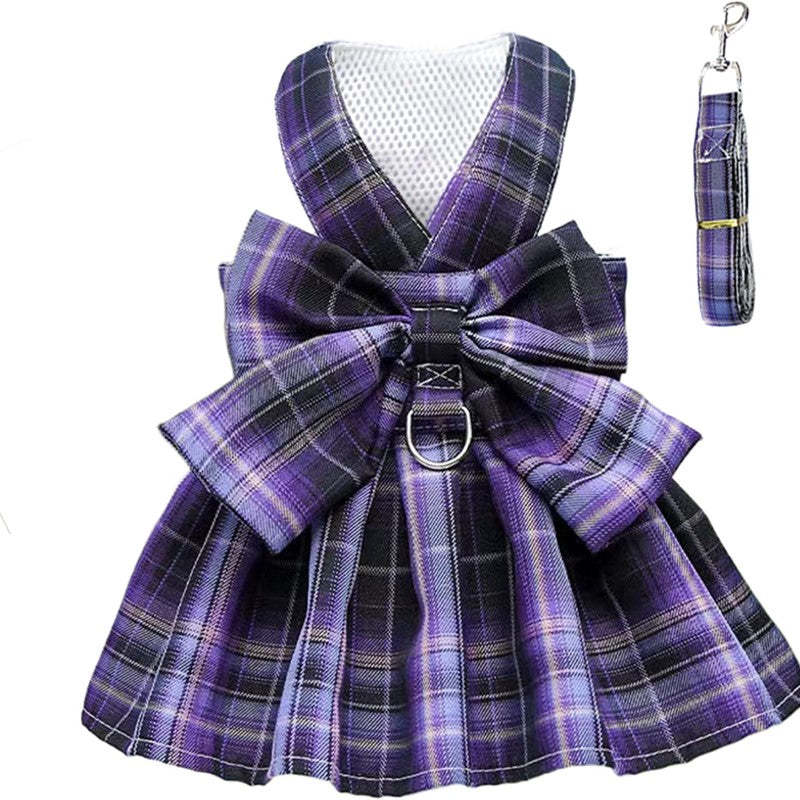 Plaid Dog Dress Bow Tie Harness Leash Set For Small Dogs Pet Outfits-Paw Print Pad