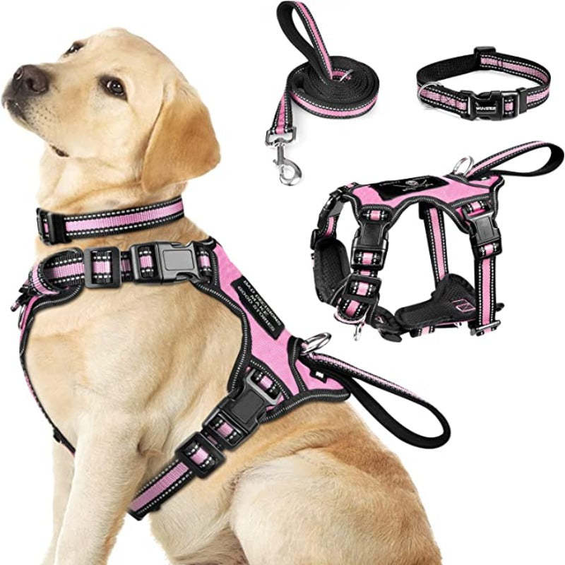 Pet Harness Collar And Leash Set, All-In-One Reflective Dog Harness No Pull With Adjustable Buckles For Puppies-Paw Print Pad