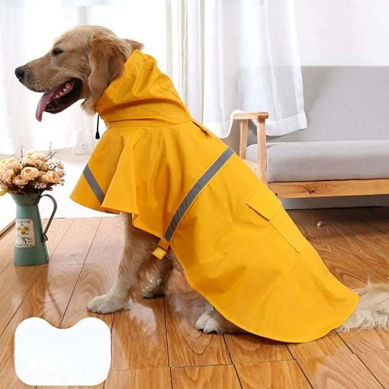 Dog Raincoat With Hood With Reflective Strip Adjustable Belly Strap-Paw Print Pad