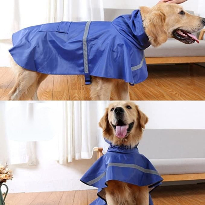Dog Raincoat With Hood With Reflective Strip Adjustable Belly Strap-Paw Print Pad