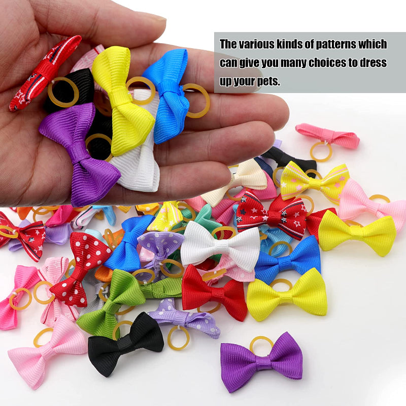 Puppy Dog Small Bowknot Hair Bows with Rubber Bands Handmade Hair Accessories Bow Pet Grooming Products (60 Pcs, Cute Patterns) (Rubber Bands Style 1)-Paw Print Pad