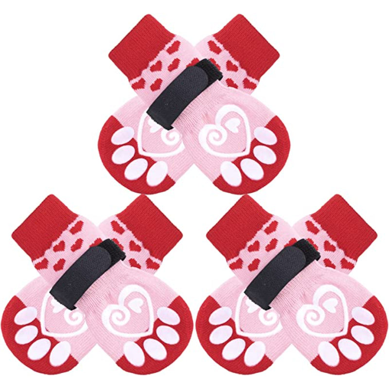 Double Side Anti-Slip Dog Socks With Adjustable Straps For Dogs 4 Pack-Paw Print Pad