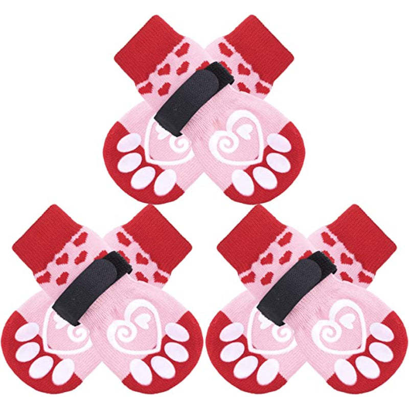 Double Side Anti-Slip Dog Socks With Adjustable Straps For Dogs 4 Pack-Paw Print Pad