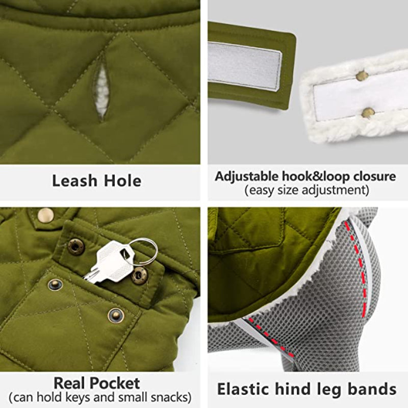 Dog Cold Weather Coats Cozy Windproof Padded Sherpa Warm Dog Green Jacket For Small Dogs With Furry Collar Dog Apparel-Paw Print Pad