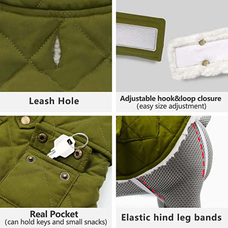 Dog Cold Weather Coats Cozy Windproof Padded Sherpa Warm Dog Green Jacket For Small Dogs With Furry Collar Dog Apparel-Paw Print Pad