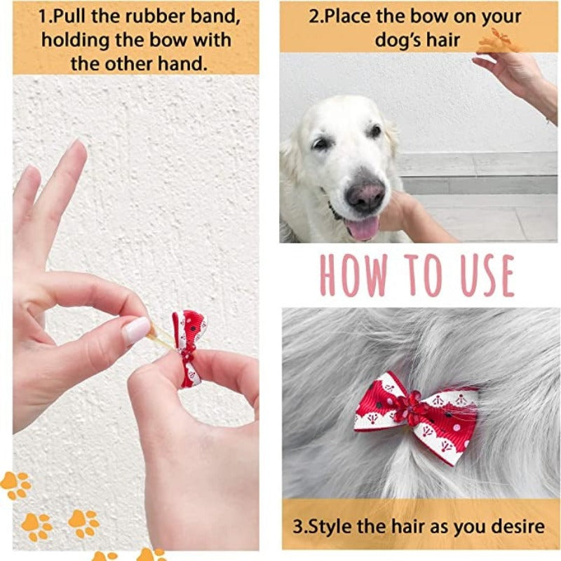 Dog Bows With Strong Rubber Bands And Rhinestone Pearls For Small Dog-Paw Print Pad