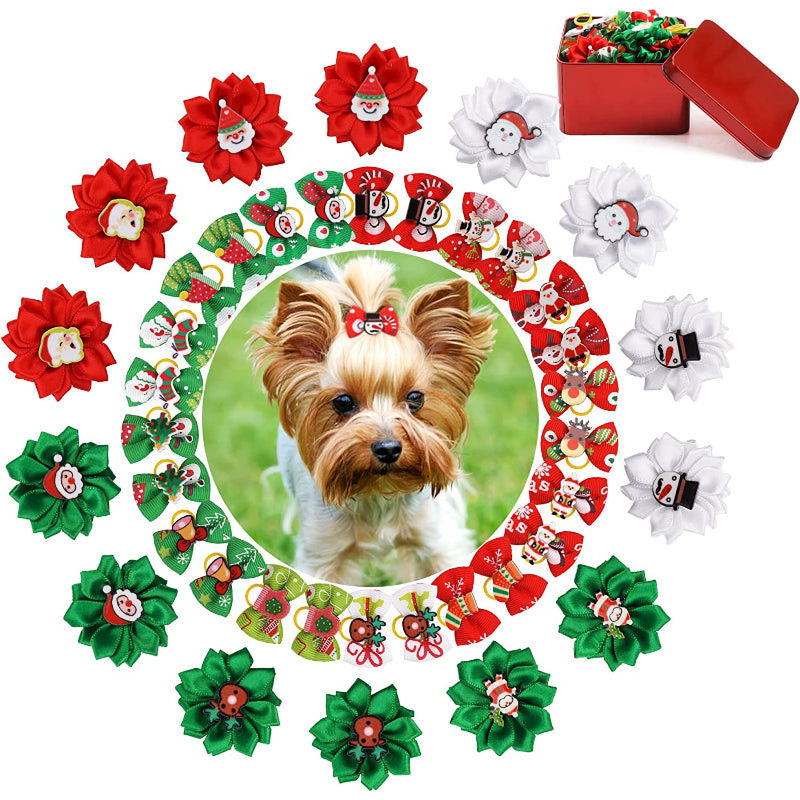 Puppy Bows with Rubber Band Pet Grooming Bows Colored Polka Dot Dog Hair Accessories for Small Dog - 50 Pairs-Paw Print Pad
