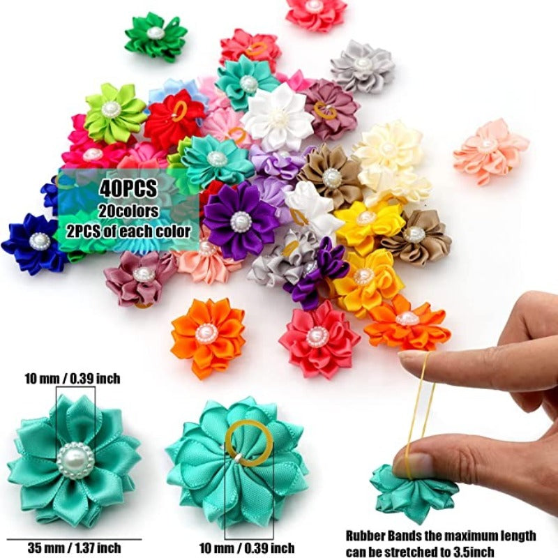 40PCS (20Pairs) Dog Hair Bows With Rubber Bands Pearls Flowers Topknot Dog Bows Pet Grooming Products 20 Colors-Paw Print Pad