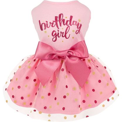 Birthday Girl Dog Tulle Dress, Dog Clothes for Small Dogs Girl, Cat Apparel, Pink, Small-Paw Print Pad