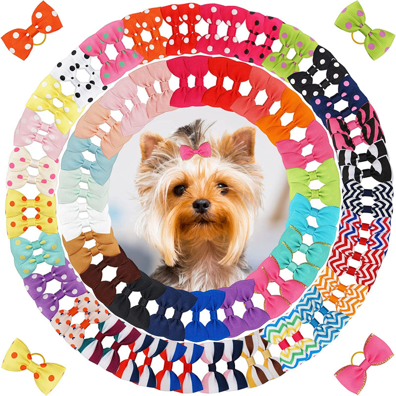 Puppy Bows with Rubber Band Pet Grooming Bows Colored Polka Dot Dog Hair Accessories for Small Dog - 50 Pairs-Paw Print Pad