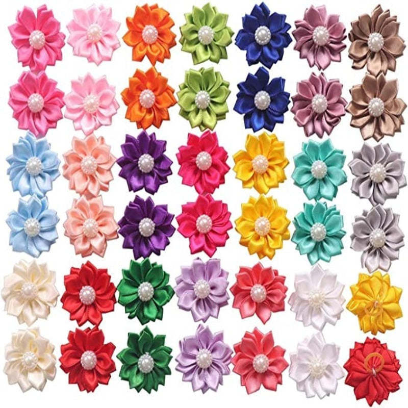 40PCS (20Pairs) Dog Hair Bows With Rubber Bands Pearls Flowers Topknot Dog Bows Pet Grooming Products 20 Colors-Paw Print Pad
