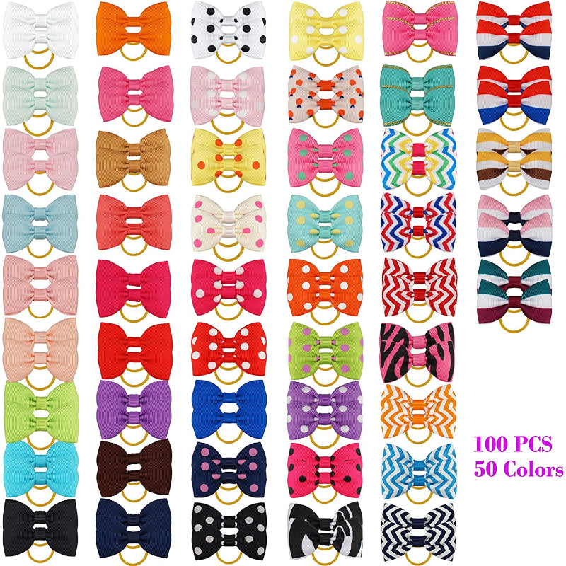 Puppy Bows with Rubber Band Pet Grooming Bows Colored Polka Dot Dog Hair Accessories for Small Dog - 50 Pairs-Paw Print Pad