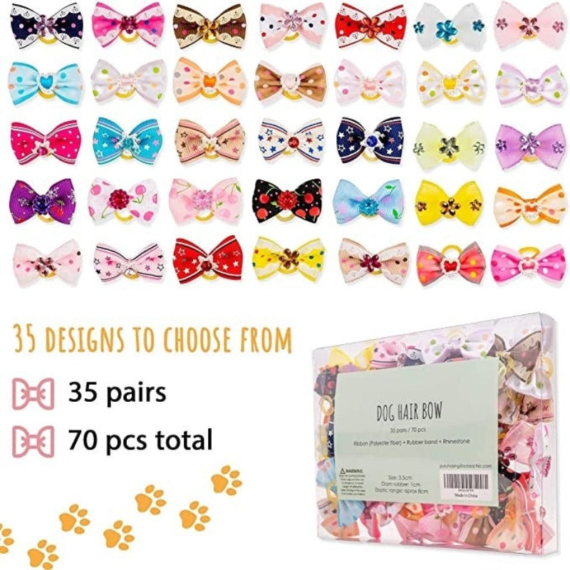 Dog Bows With Strong Rubber Bands And Rhinestone Pearls For Small Dog-Paw Print Pad